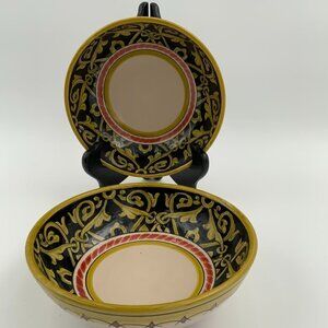 Set of 2 Ceramiche d'Arte Ravello Bowls Handmade in Italy Black & Gold 6 1/2"